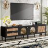 Rattan TV Stand With 3 Cabinets & 2 Drawers, Rattan-Inspired Media Console Table For Tvs Up To 80'', LED Light Entertainment Center, TV Cabinet For Living Room - Black - Image 2