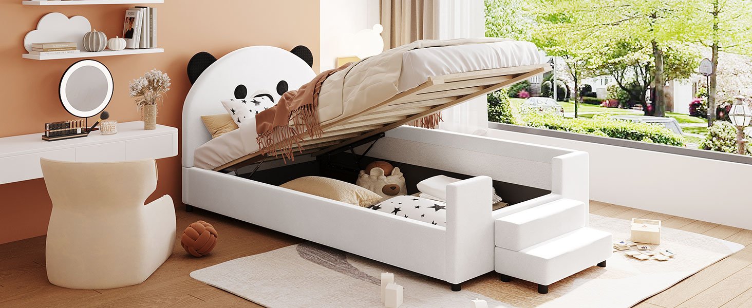 Twin Size Upholstered Daybed With Bear Shaped Headboard, Hydraulic System And Breathable Mesh Fence - White - Image 18