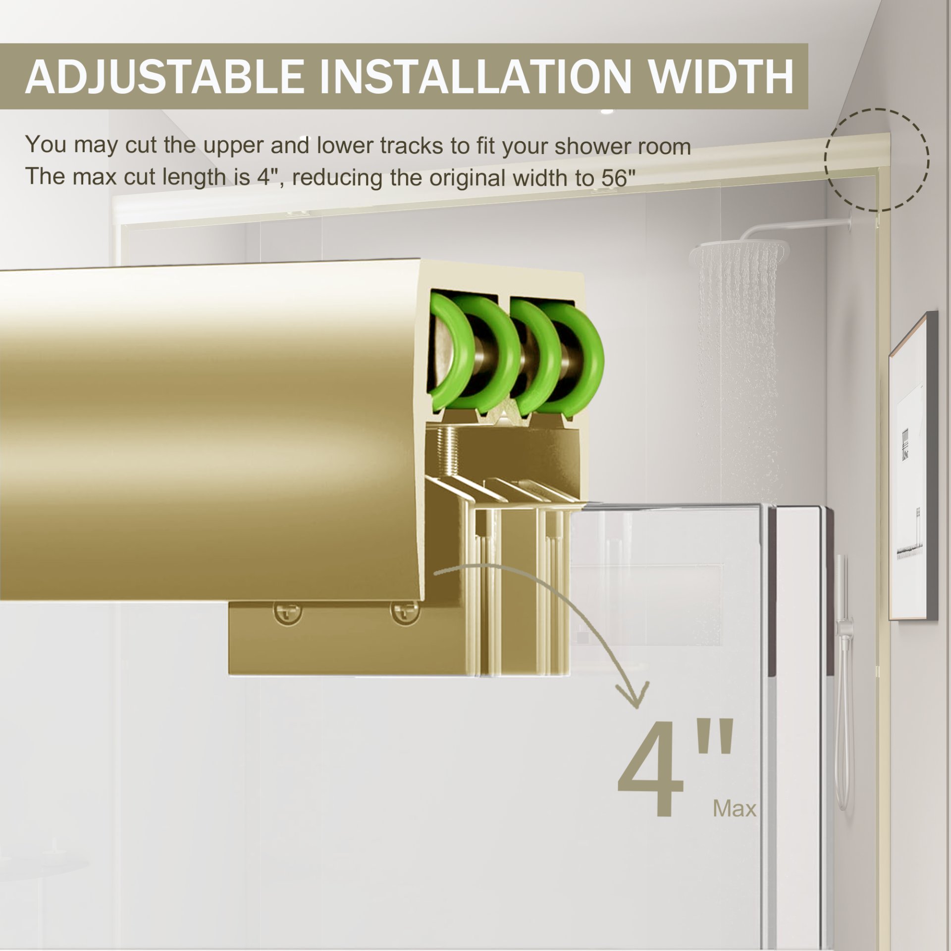 Double Sliding Shower Door, Semi Frameless Bypass Bathroom Sliding Door With 1 / 4" (6Mm) Tempered Glass For Walk In Shower - Brushed Gold - Image 7