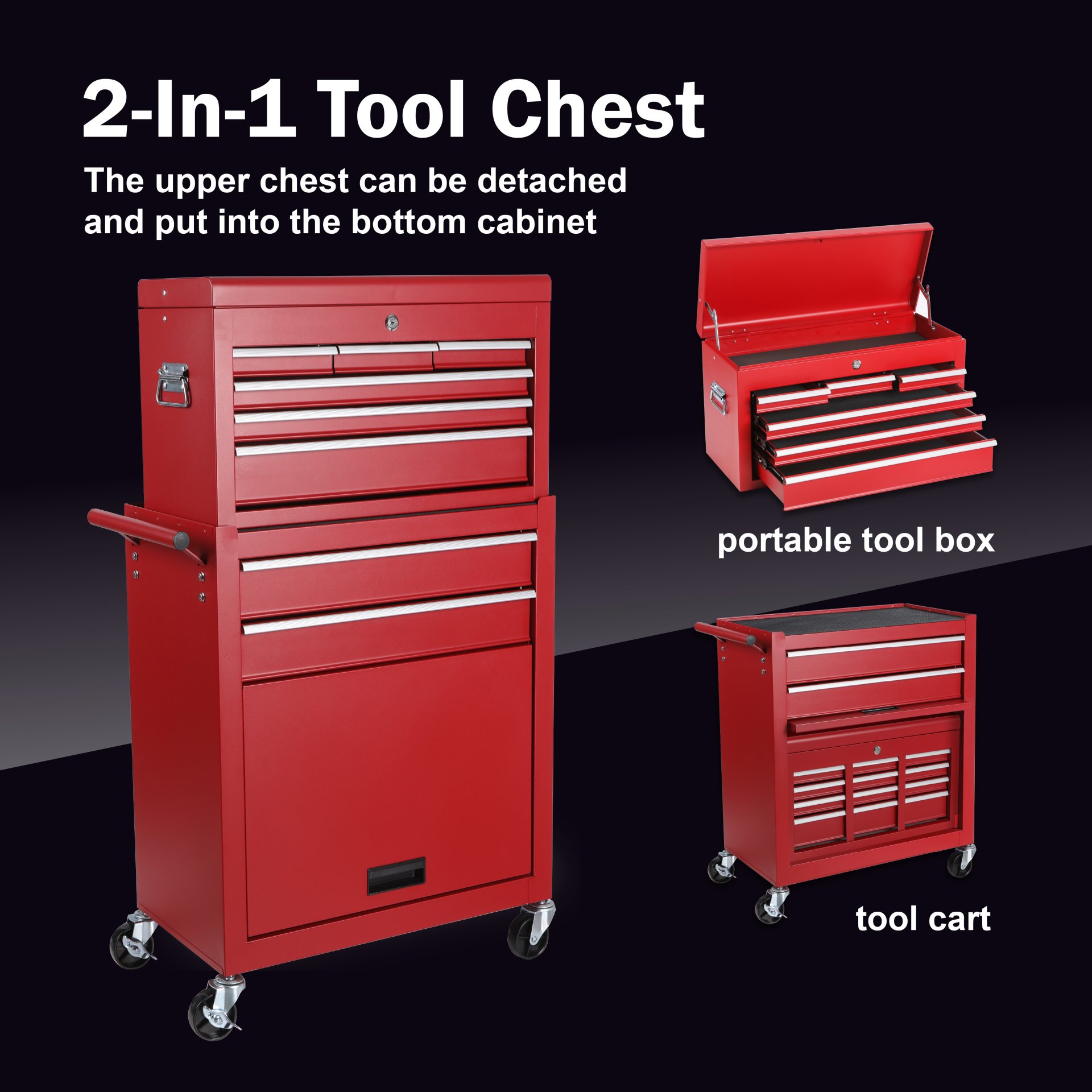 8 Drawer Rolling Tool Chest With 2 In 1 Detachable Top Box, Lockable Wheels, Liners, And Side Hooks Metal Tool Cabinet For Garage - Red - Image 6
