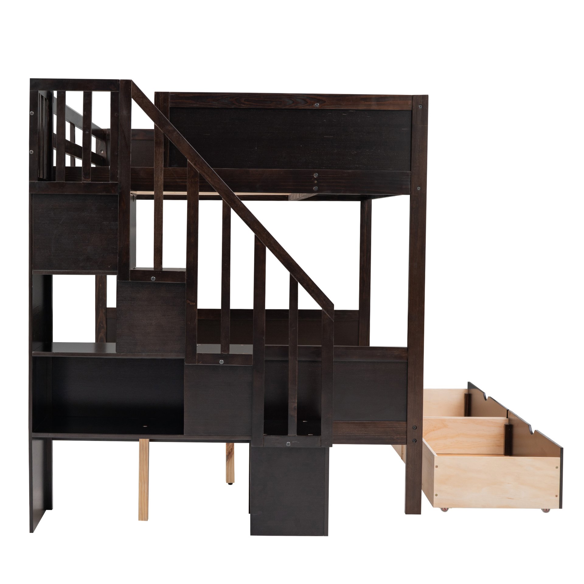 Twin Over Full Bunk Bed With Shelfs, Storage Staircase And 2 Drawers - Espresso - Image 7
