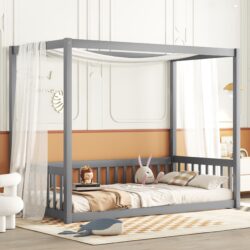Twin Size Canopy Frame Floor Bed With Fence, Guardrails - Gray