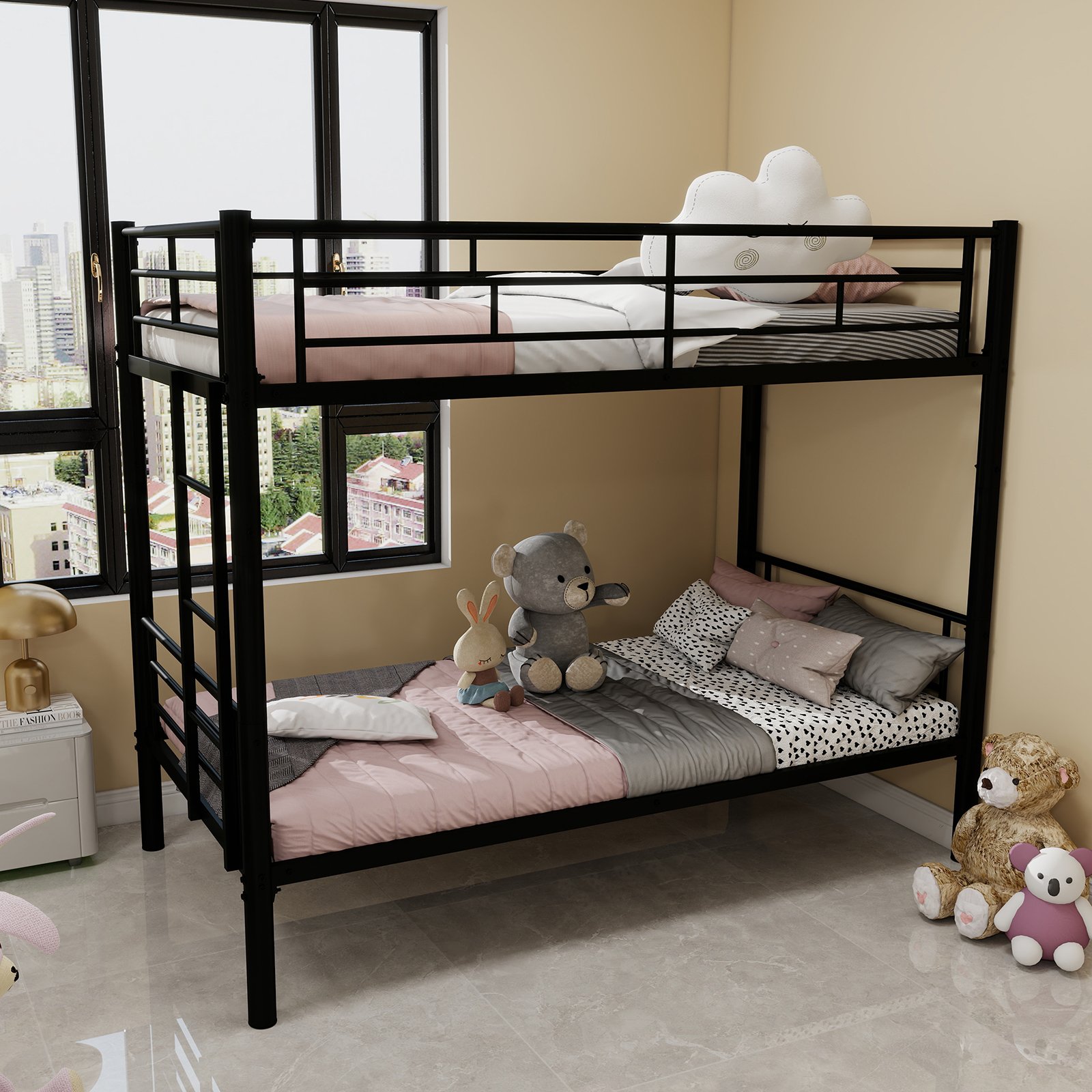 Twin Over Twin Bunk Bed For Kids, Convertible Frame With Ladders & Guardrail - Black - Image 4