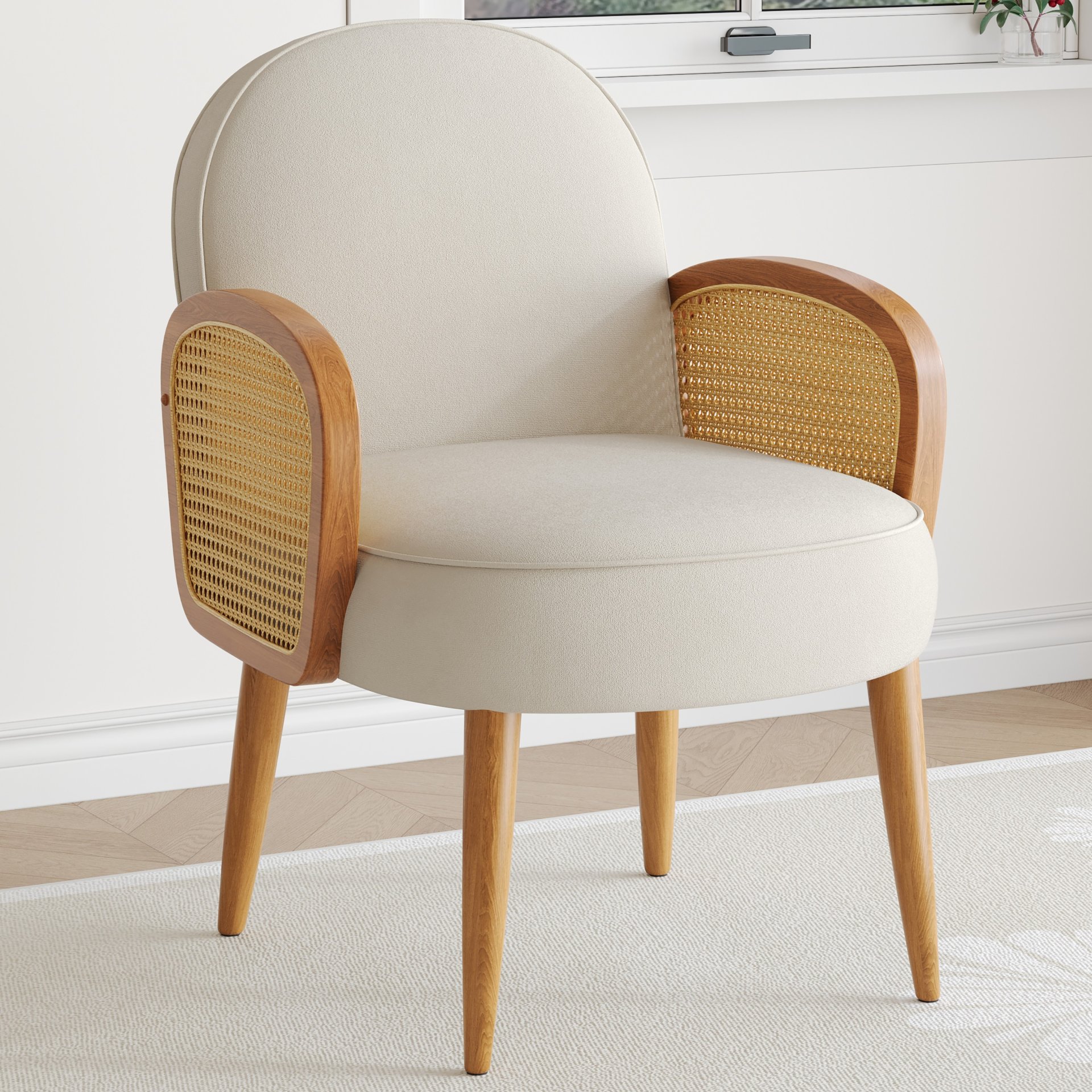 Mid Century Accent Chair With Rattan Armrests, Velvet Upholstery & Wooden Legs - Ivory - Image 2