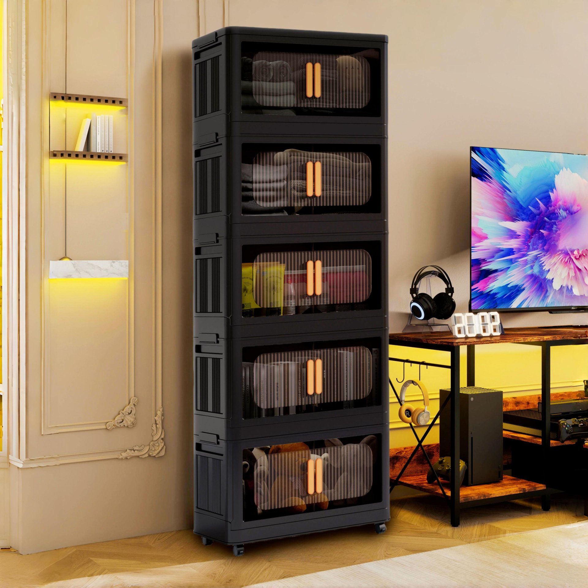 Folding Storage Cabinet 5 Tier Wide Plastic With Magnetic Doors And Wheels - Black - Image 6