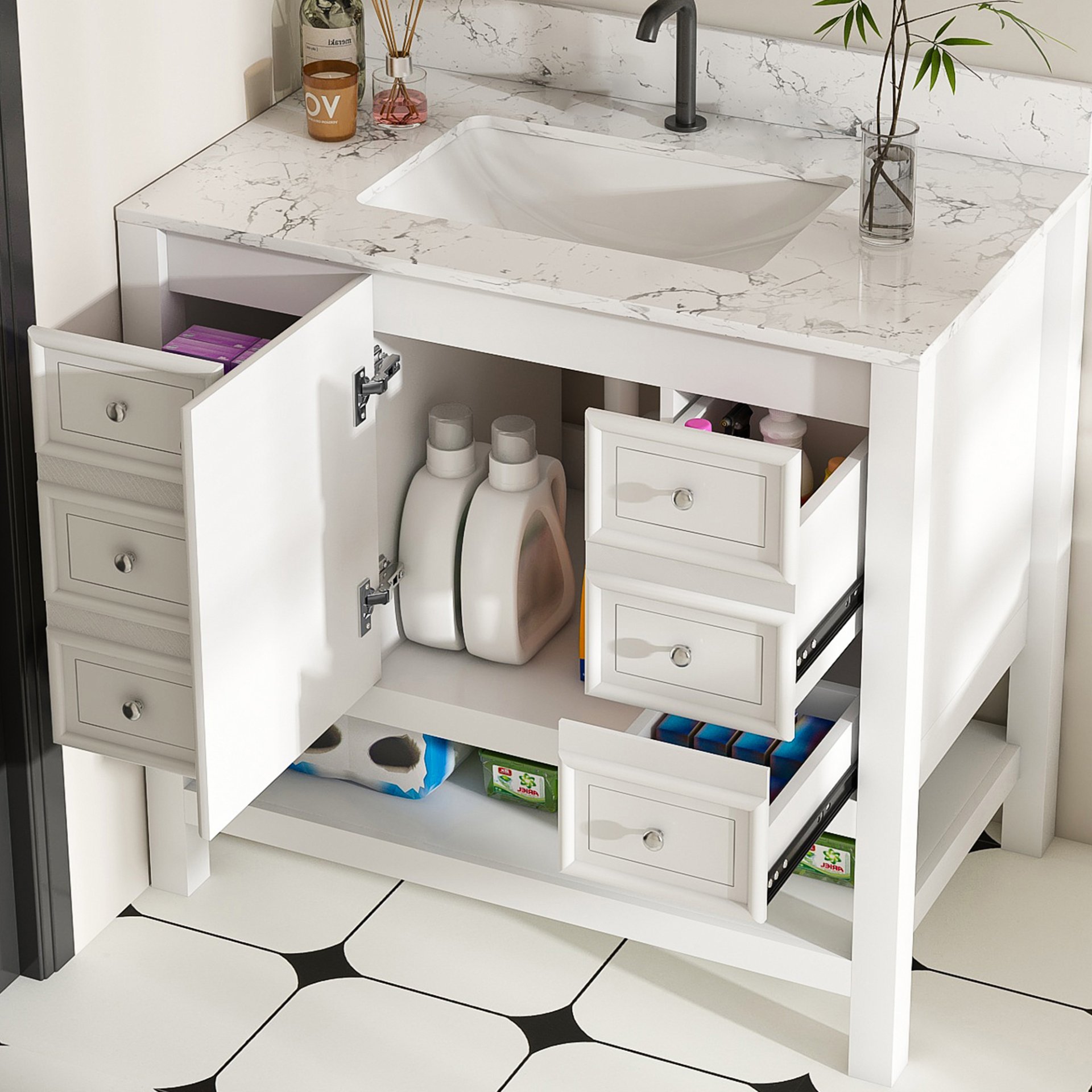 37" Bathroom Vanity, Multi Functional Cabinet With Doors And Drawers, Frame, Single Faucet Hole - White - Image 5