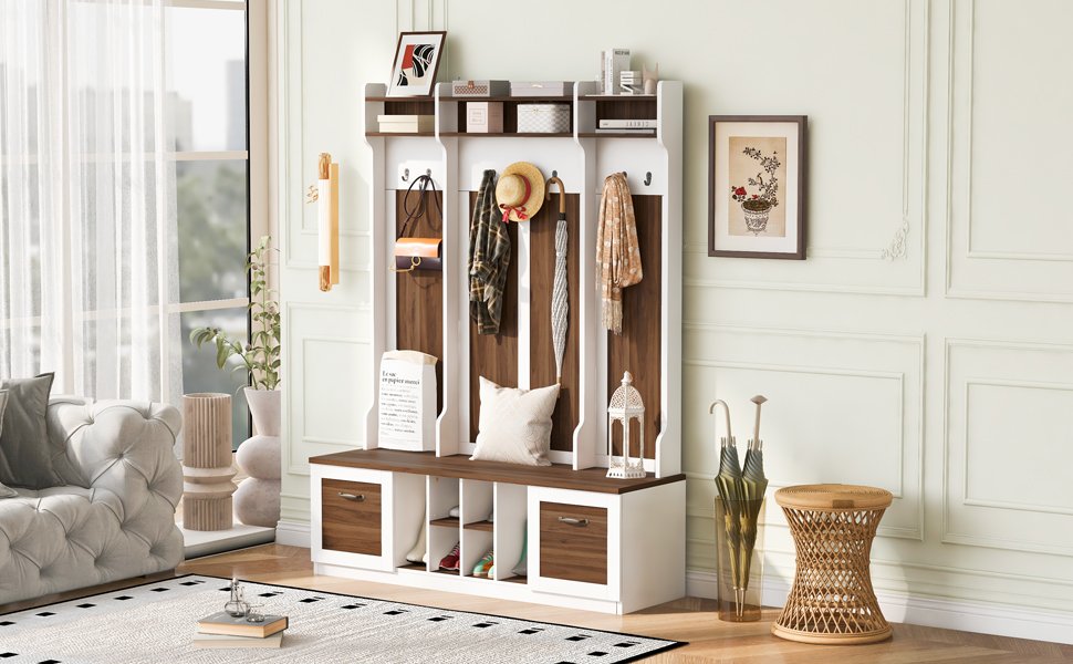 5 In 1 Entryway Bench With Coat Rack, 7 Sturdy Hooks, 2 Spacious Drawers And Adjustable Shelves, Wide Hall Tree With Metal Handles For Hallway - Brown / White - Image 7