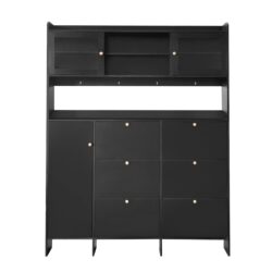 Multifunctional Tipping Bucket Shoe Cabinet With Storage Shelf & 6 Flip Drawers, Large Hall Tree With Tempered Glass Doors, Foyer Cabinet With 4 Hooks For Hallway - Black