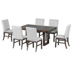 Topmax - 7 Piece Traditional Extendable Dining Table Set With Butterfly Leaf And 6 Upholstered Dining Table Set - Brown