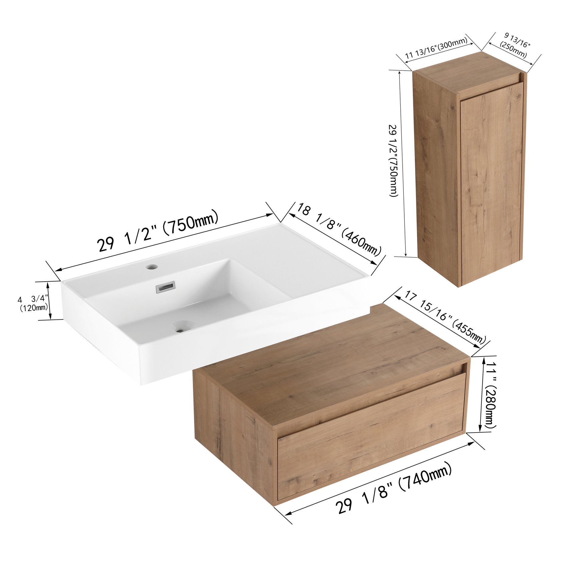 Modern Wall Mounted Bathroom Vanity With Resin Sink And Side Cabinet, Soft Close Drawer, Imitative - Imitative Oak - Image 3