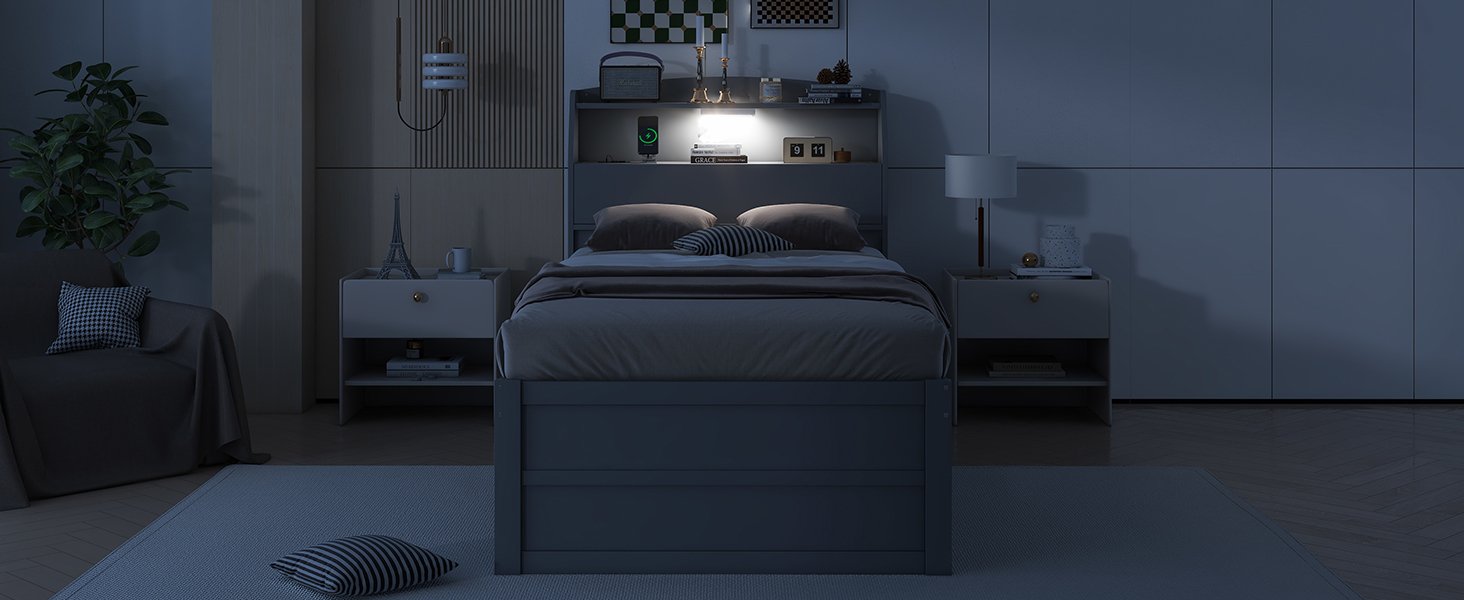 Twin Size LED Platform Bed With Trundle With Storage Headboard With Drawers - Gray - Image 22