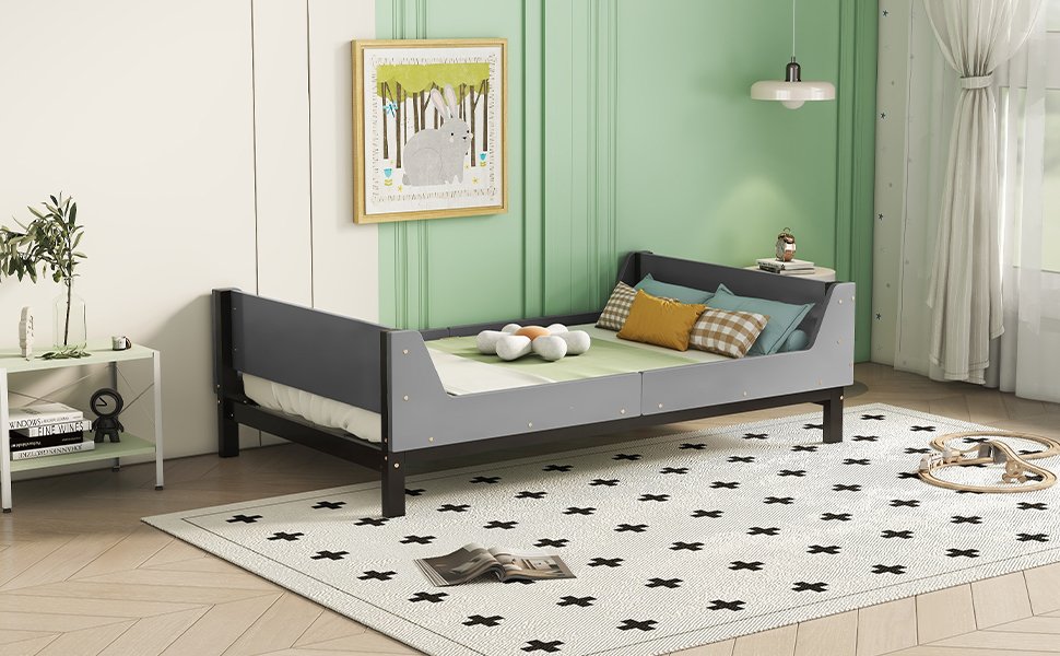 Twin Bed With Headboard, Footboard, Safeguards, Built-In Bed-End Book Storage Rack - Gray - Image 21