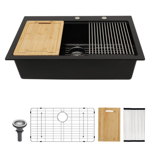Quartz Kitchen Sink 33" X 22" Granite Composite Drop In Workstation - Black