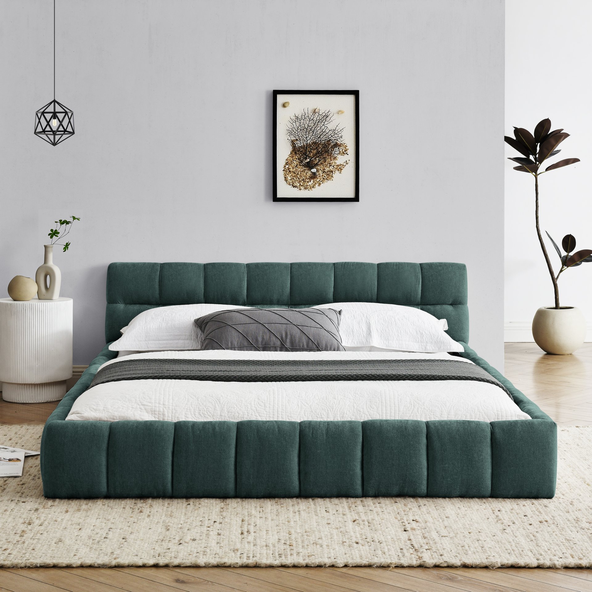 Queen Size Upholstered Bed Frame With Headboard - Blue / Green - Image 6