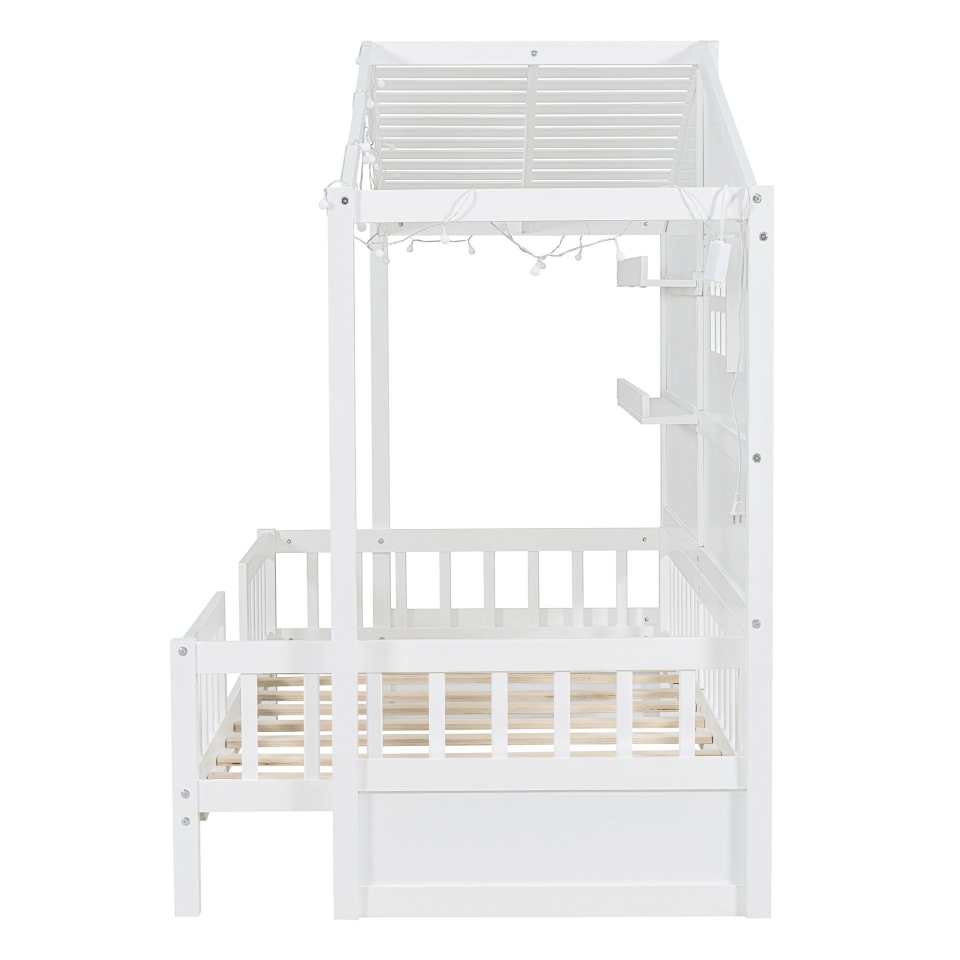 Twin Size House Bed With Shelves, Window And Sparkling Light Strip On The Roof - White - Image 14