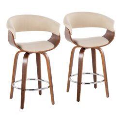 Vintage Mod - Mid-Century Modern Fixed Height Counter Stool With Swivel With Round Footrest (Set of 2) - Walnut / Cream