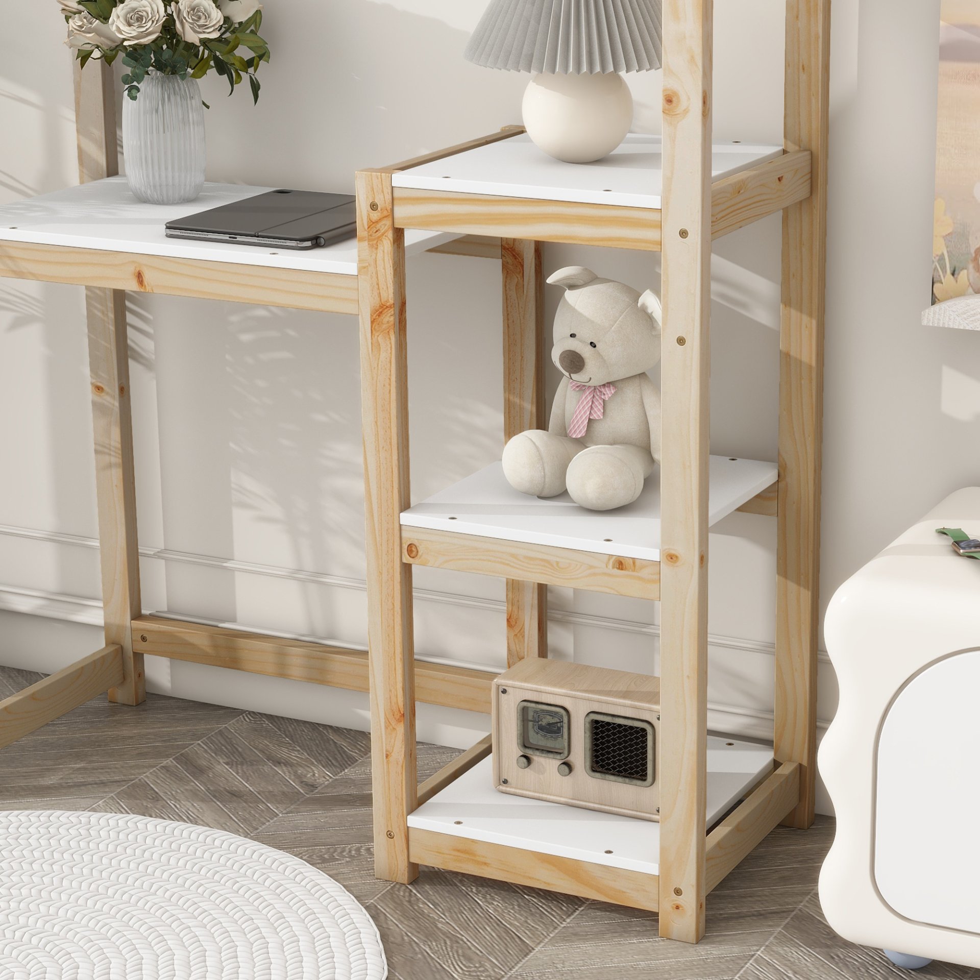 House-Shaped Wooden Writing Desk, Kids Study Table, Bookshelf & Toy Storage - Natural - Image 4
