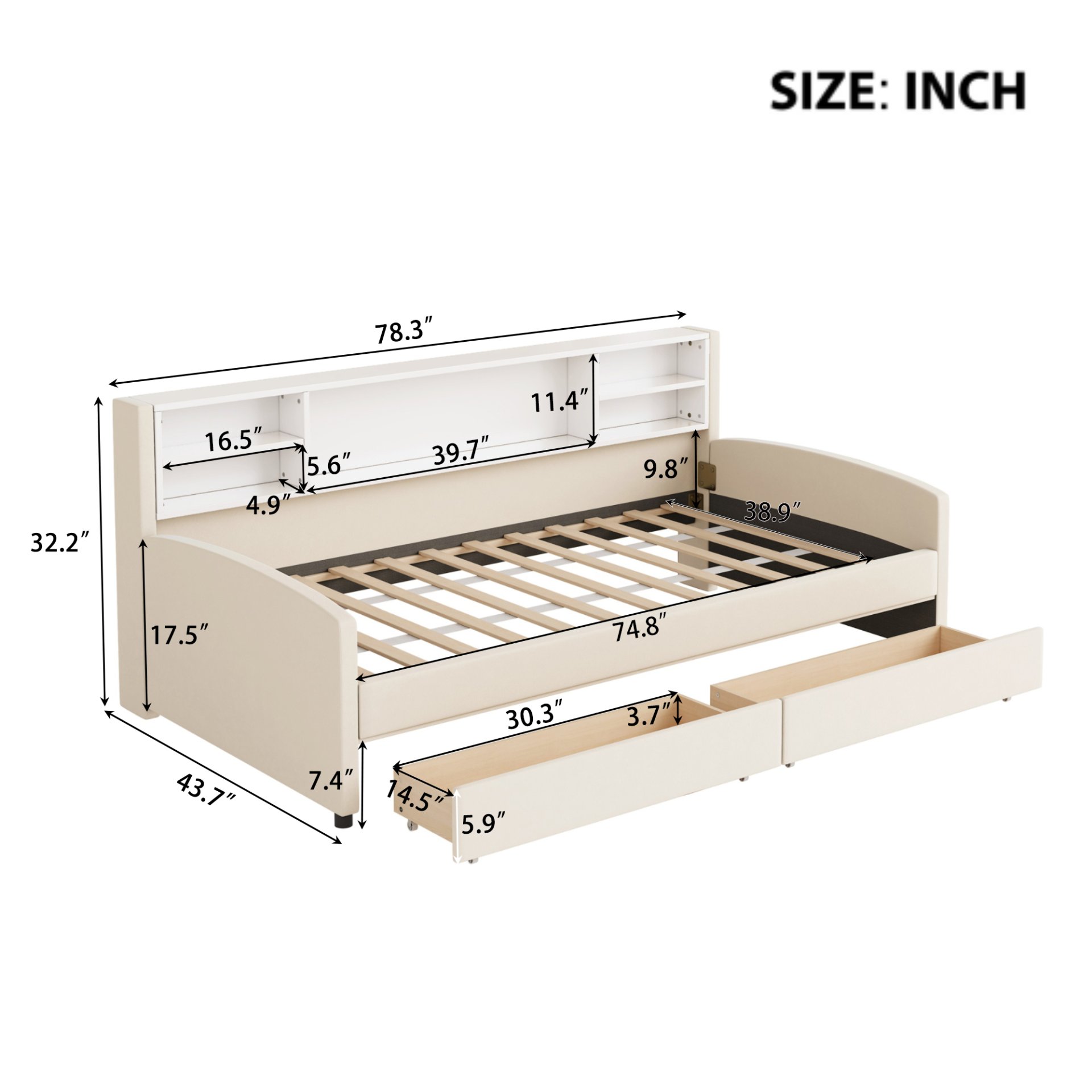 Twin Size Luxurious Upholstered Platform Bed With Storage Drawers - Beige - Image 3