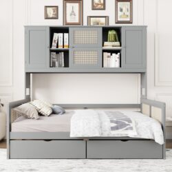 Full Size Wooden Daybed With 2 Drawers, And All In One Cabinet And Shelf - Gray