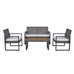 Modern 4 Piece Patio Furniture Set With Acacia Wood Table Top And Beige Cushions - Brown