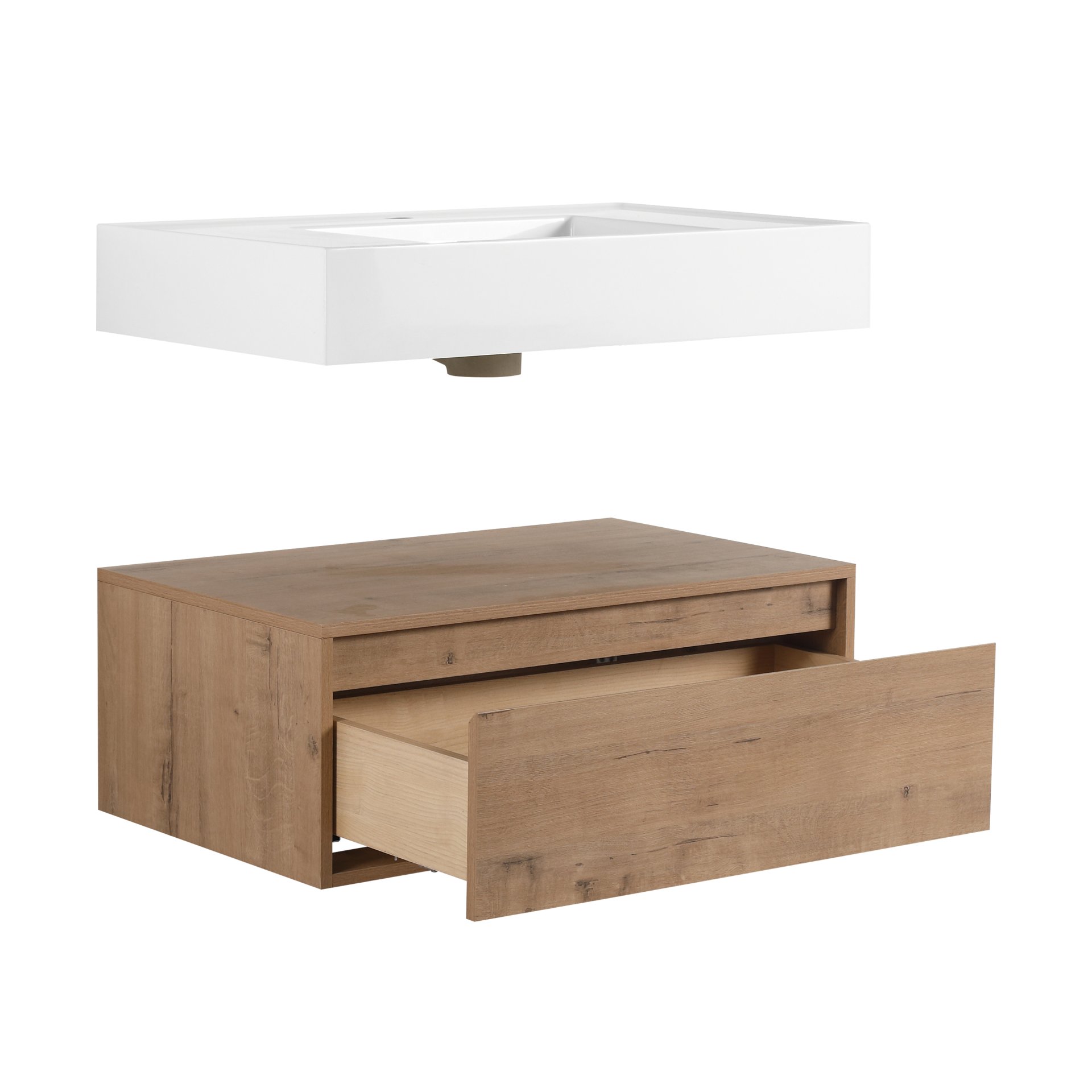 Modern Wall Mounted 30 Inch Bathroom Vanity With Resin Sink And 2 Side Cabinet In Imitative - Imitative Oak - Image 13