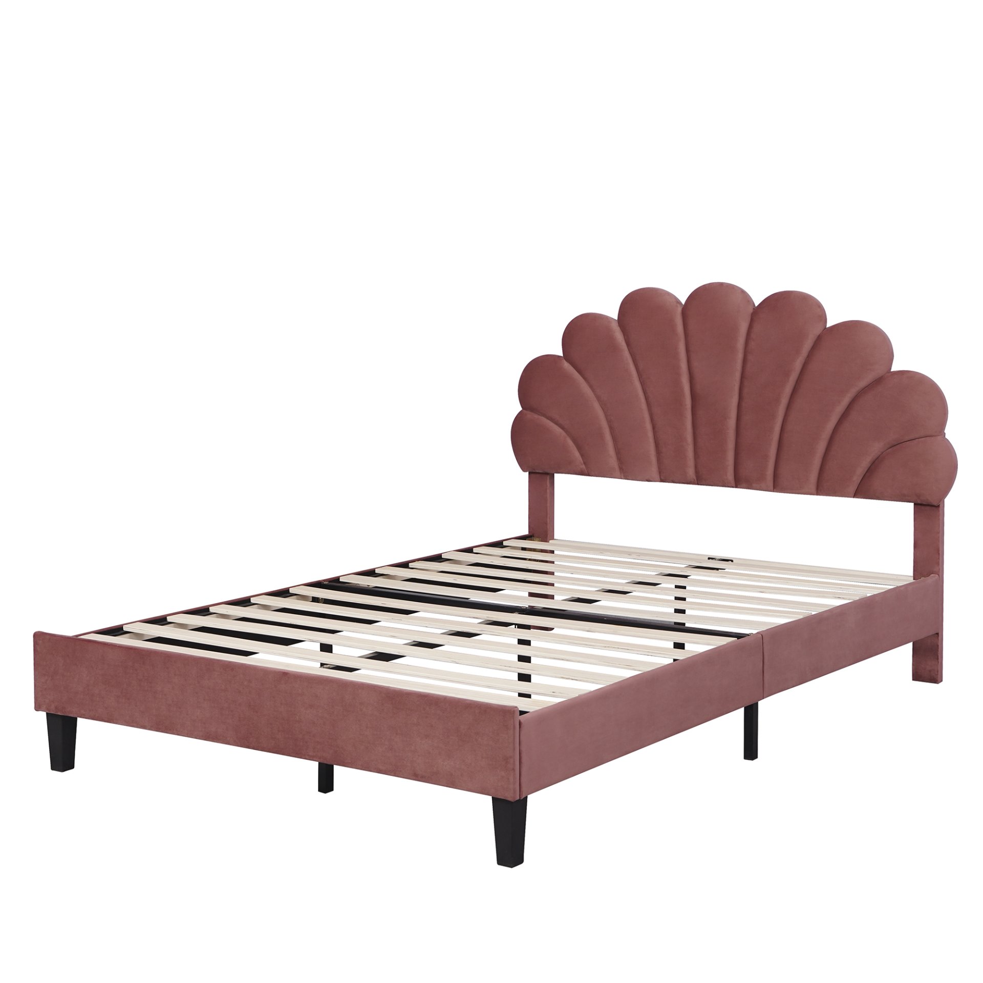 Full Size Upholstered Platform Bed With Flower Pattern Headboard - Bean Paste Red - Image 5