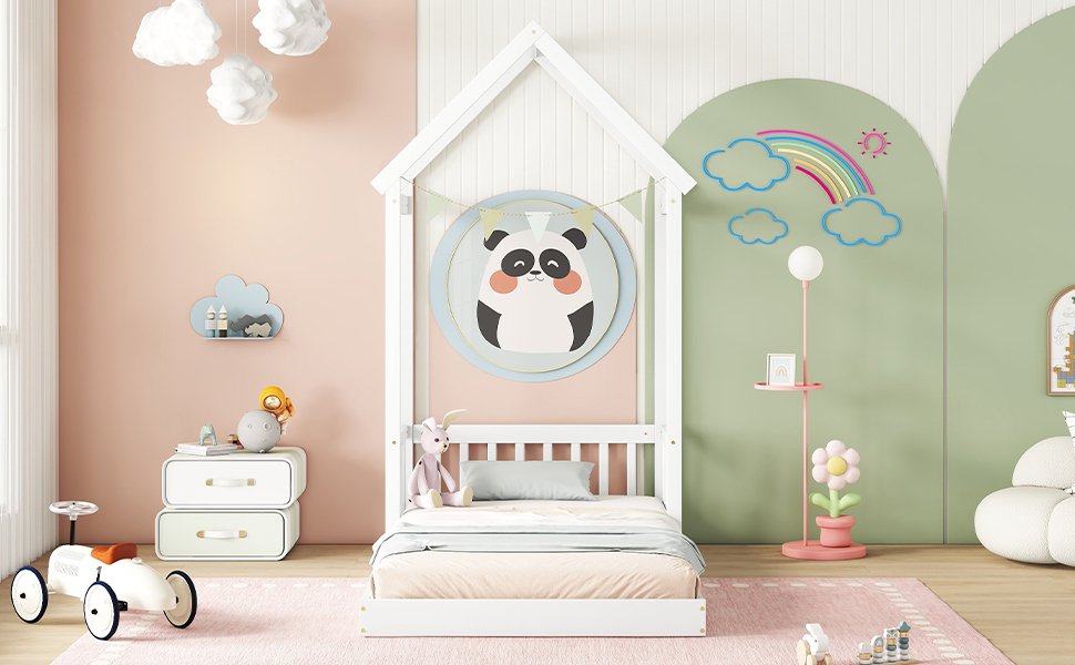 Twin House-Shaped Roof Headboard Floor Bed, (Without Slats) - White - Image 8