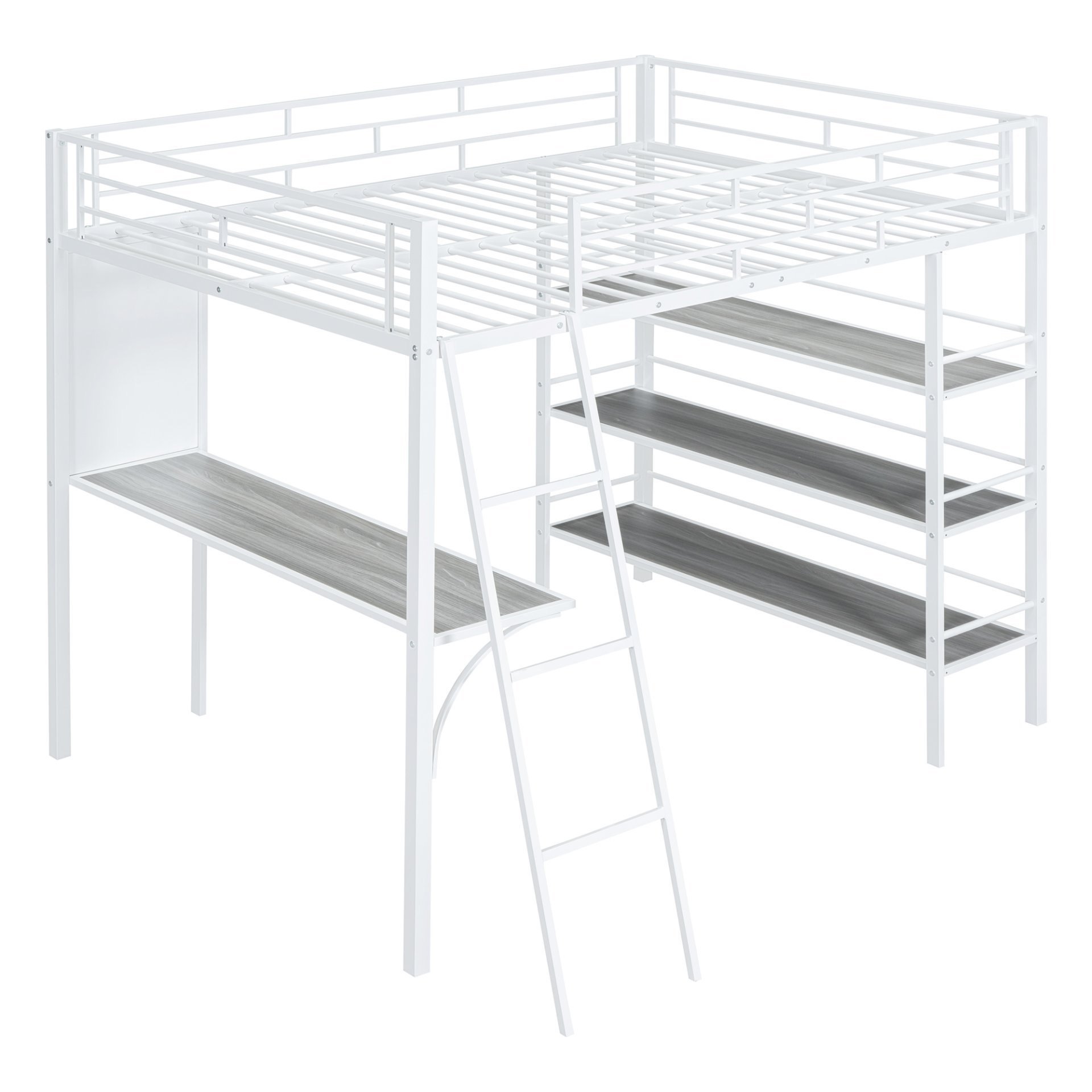 Full Size Loft Bed With 3 Layers Of Shelves And Desk, Stylish Frame Bed - White - Image 4