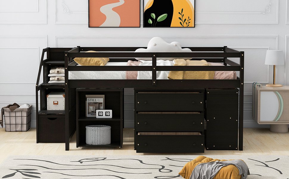Full Size Loft Bed With Retractable Writing Desk And 3 Drawers With Storage Stairs And Shelves - Espresso - Image 22