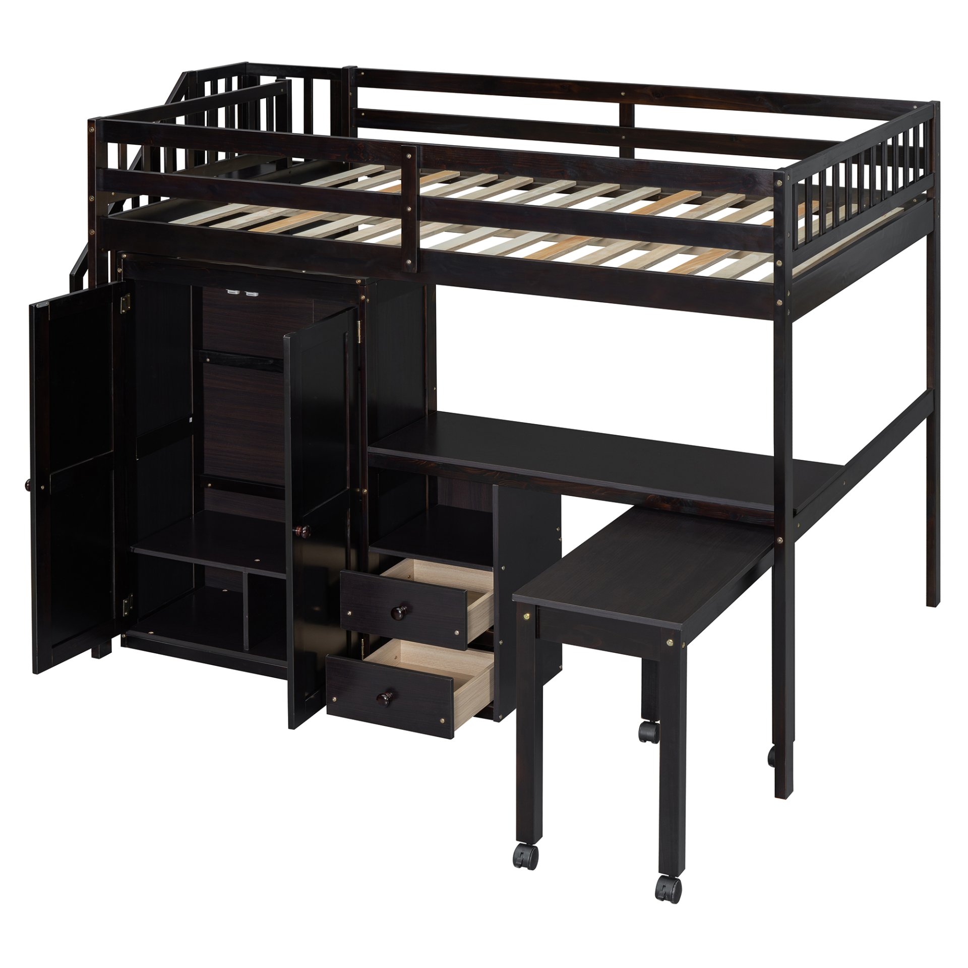 Full Size Loft Bed With Stairs, Bookshelf, Drawers, Desk & Wardrobe, Space Saving Multifunctional Furniture - Espresso - Image 5