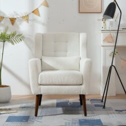 Modern Accent Chair, Teddy Fabric Living Room Chairs Comfy Reading Chair, Mid Century Accent Chair, Lounge Arm Chairs Armchair For Living Room Bedroom - White