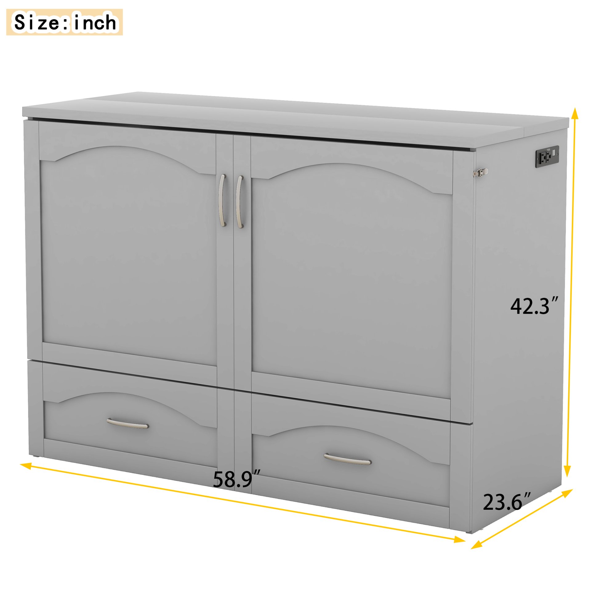 Full Size Murphy Wall Bed With Drawer And A Set Of Sockets & USB Ports, Pulley Structure Design - Gray - Image 7