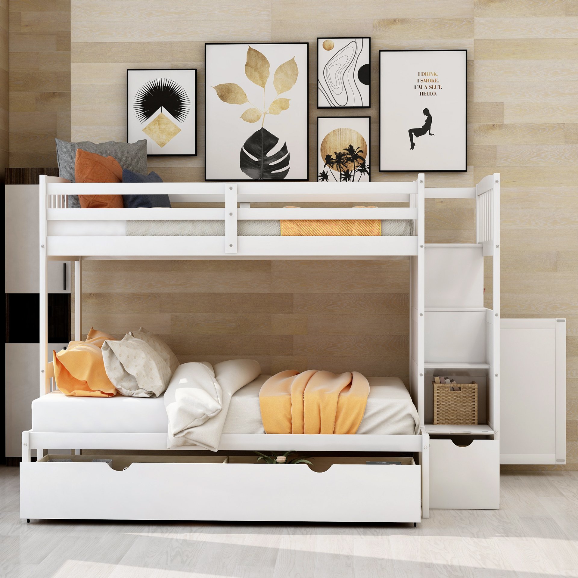 Twin Over Full / Twin Bunk Bed, Convertible Bottom Bed, Storage Shelves And Drawers - White - Image 4