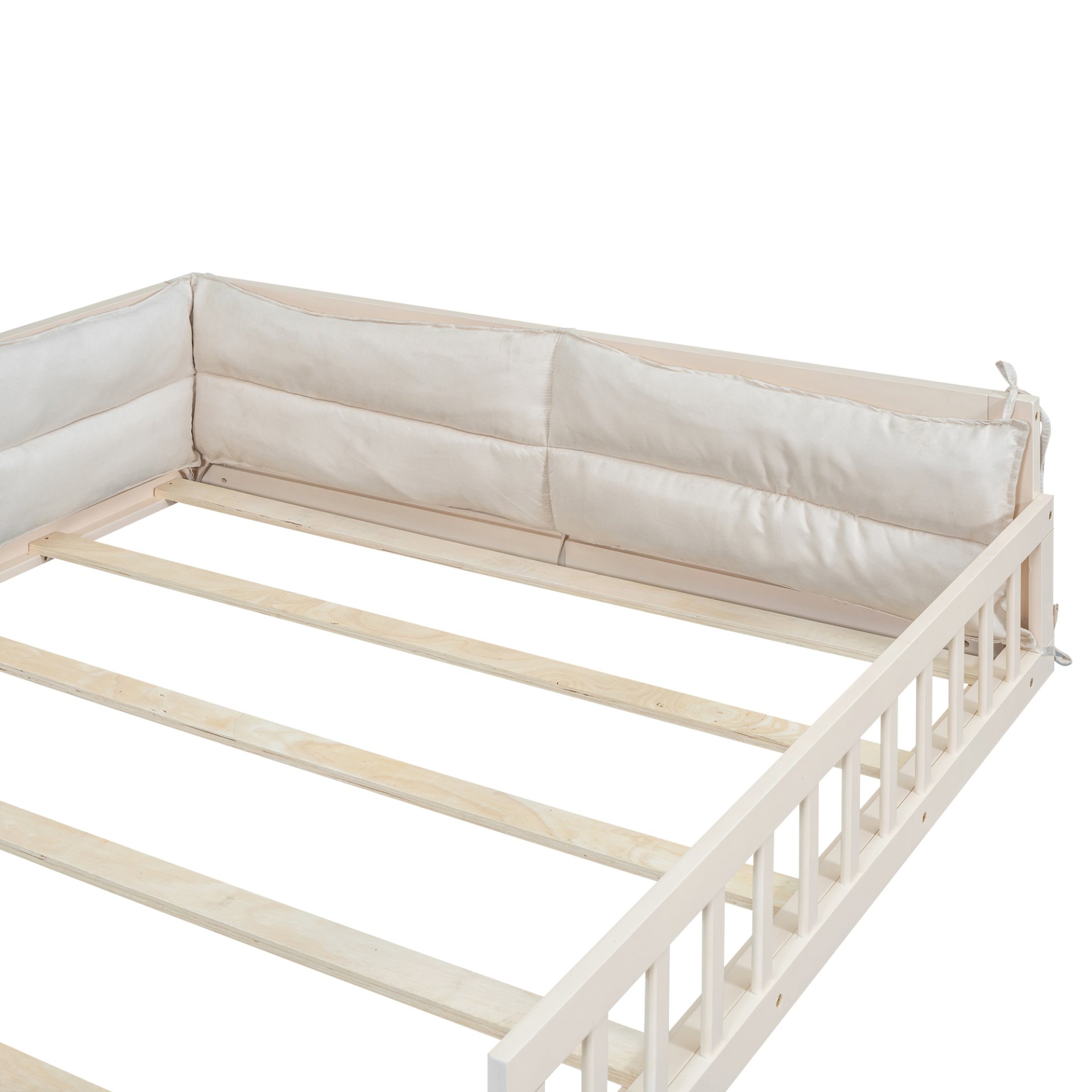 Wood Full Size Upholstered Platform Bed With Guardrail And Pillow - Beige - Image 11