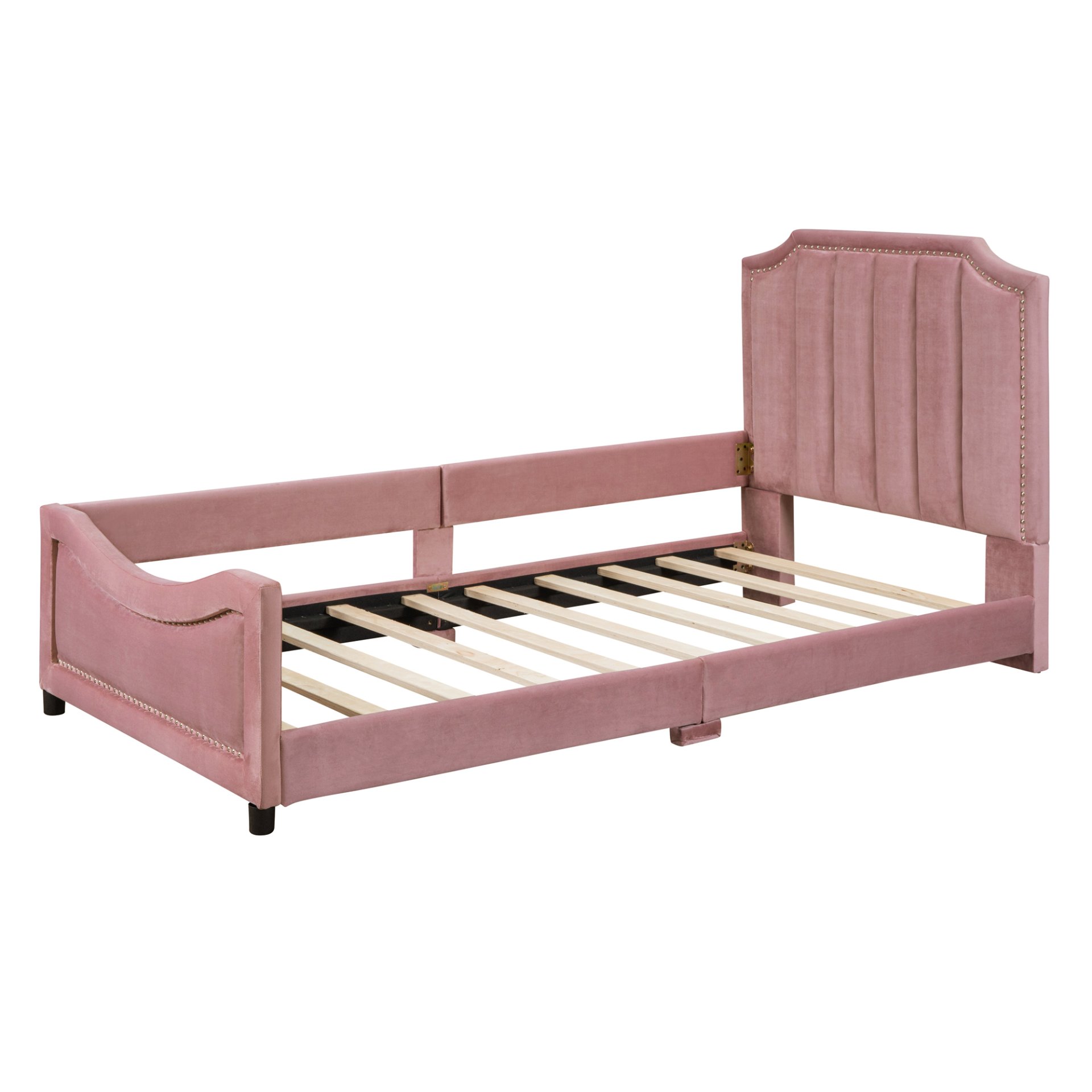 Twin Size Upholstered Daybed With Classic Stripe Shaped Headboard - Pink - Image 5