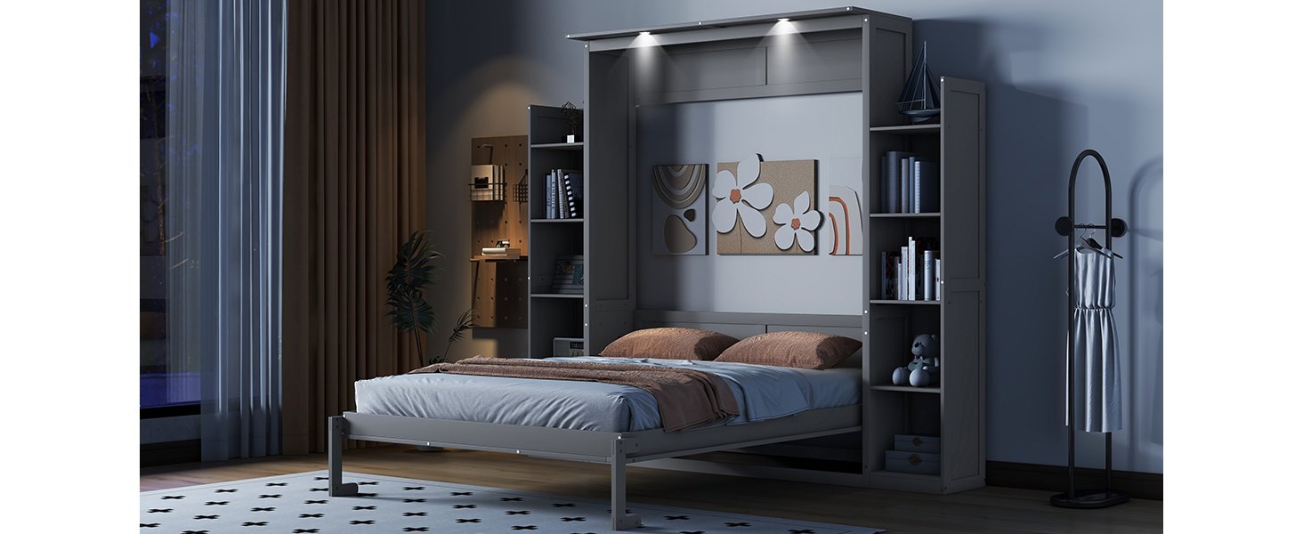 Queen Size Murphy Wall Bed With Shelves And LED Lights - Gray - Image 24