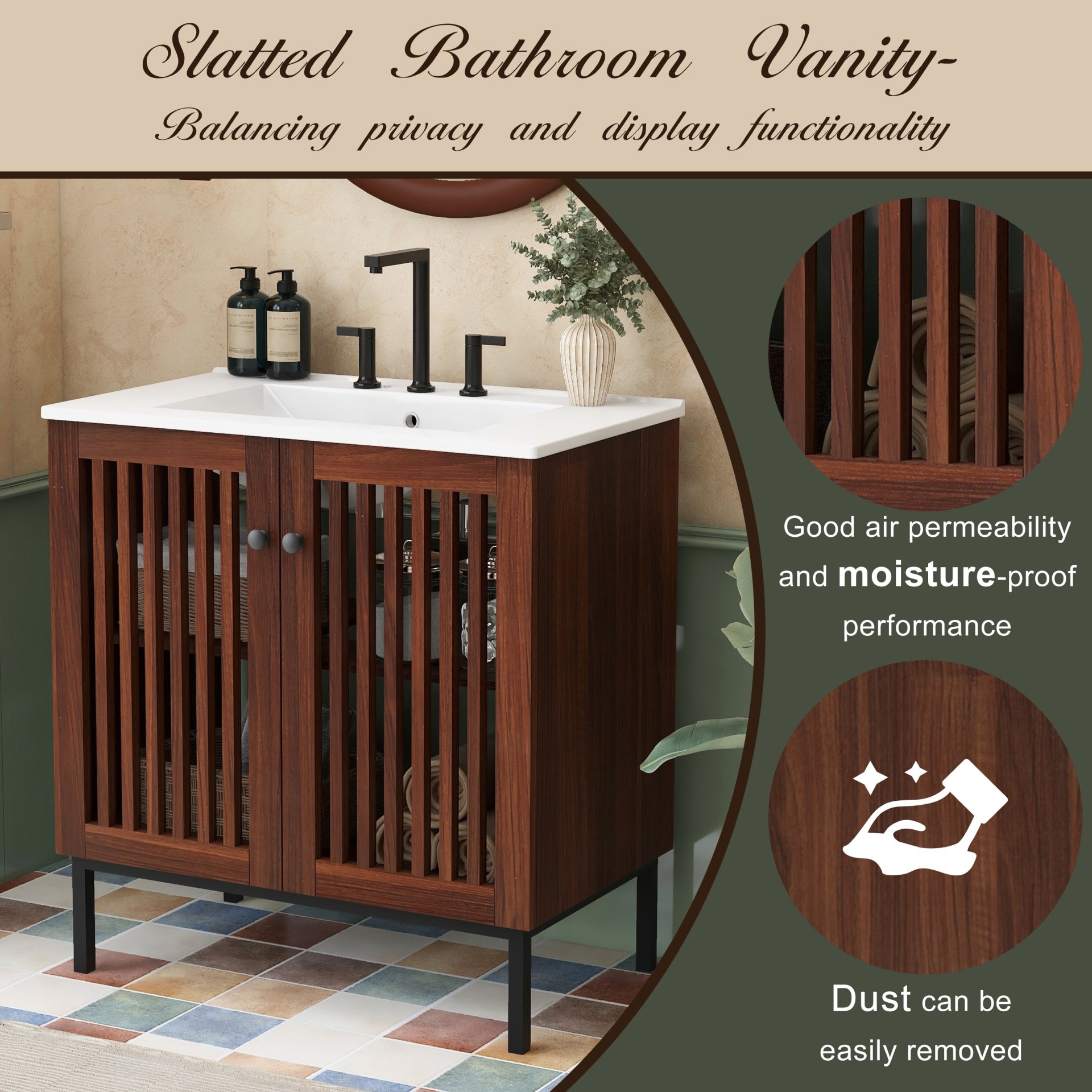 30" Vintage Bathroom Vanity With Ceramic Sink, Modern Bathroom Vanity Cabinet With 2 Soft Close Doors, Equpiied With 4 Sturdy Iron Legs - Antique Dark Brown - Image 7