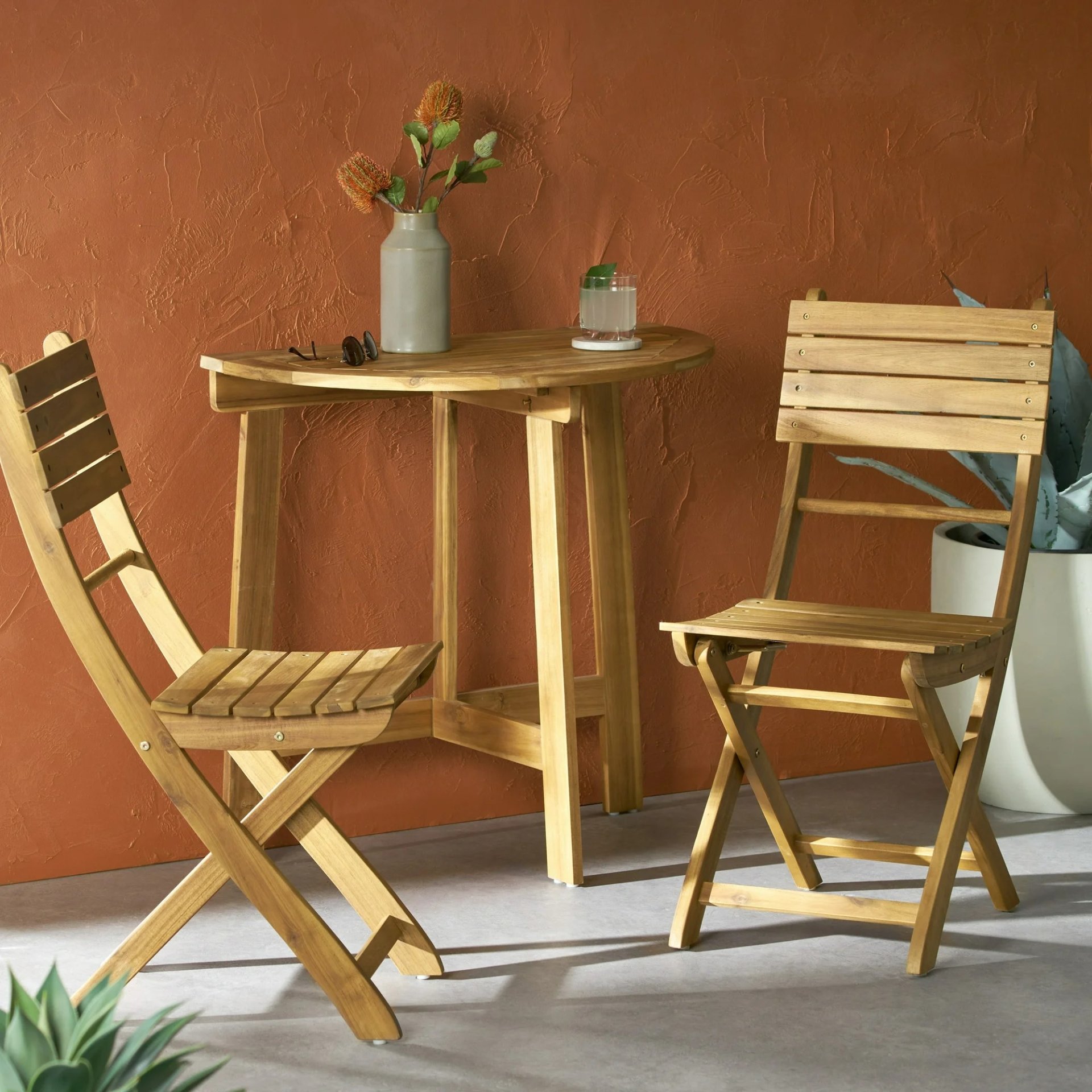 Outdoor 3 Piece Half Round Folding Bistro Set - Natural - Image 2