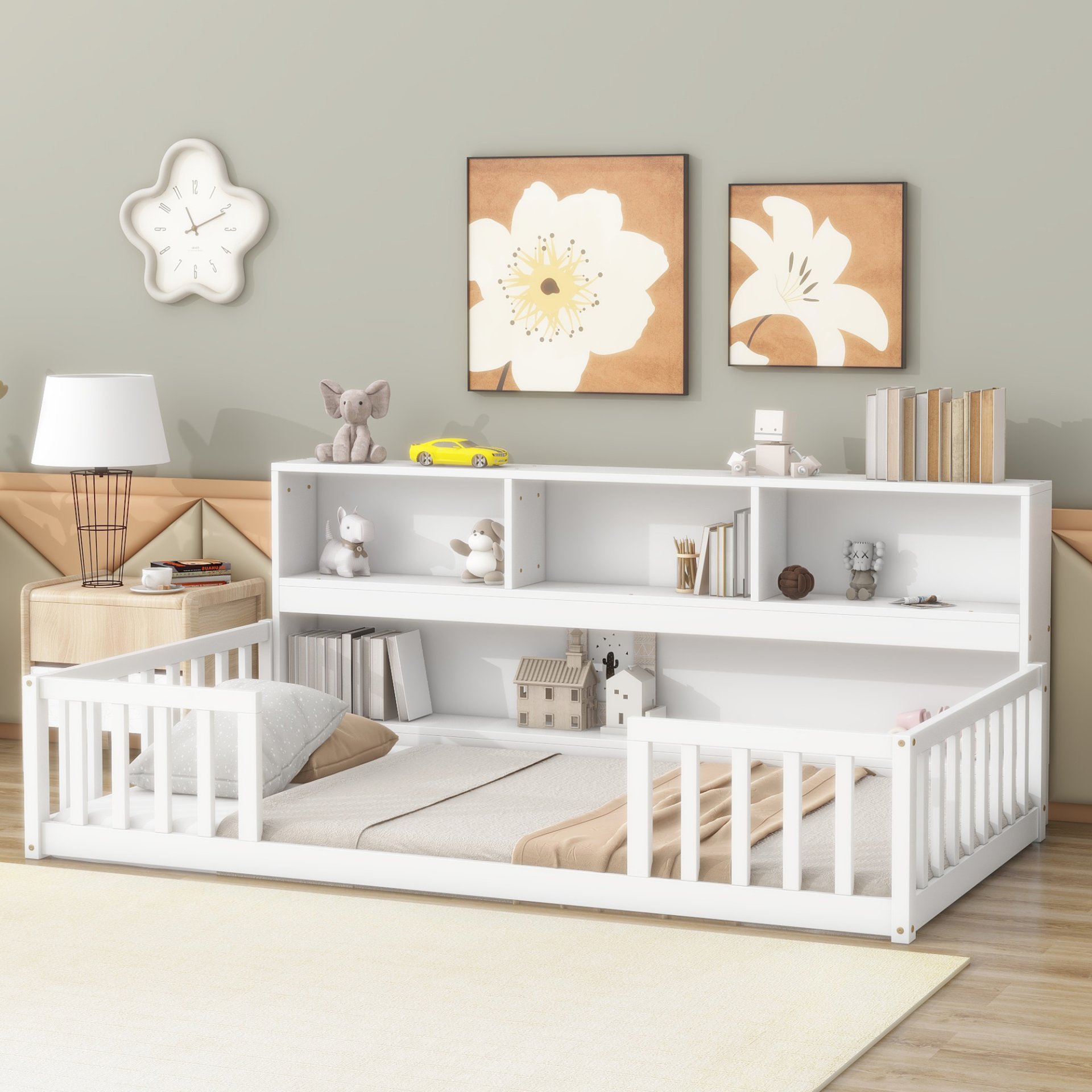Twin Floor Bed With Bedside Bookcase, Shelves, Guardrails - White - Image 2