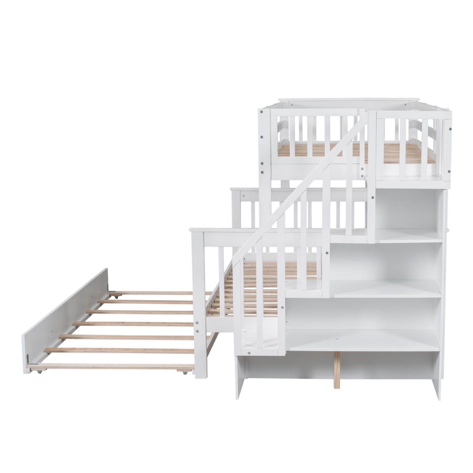 Twin Over Full Bunk Bed With Twin Size Trundle, Storage And Guard Rail For Bedroom - White - Image 14