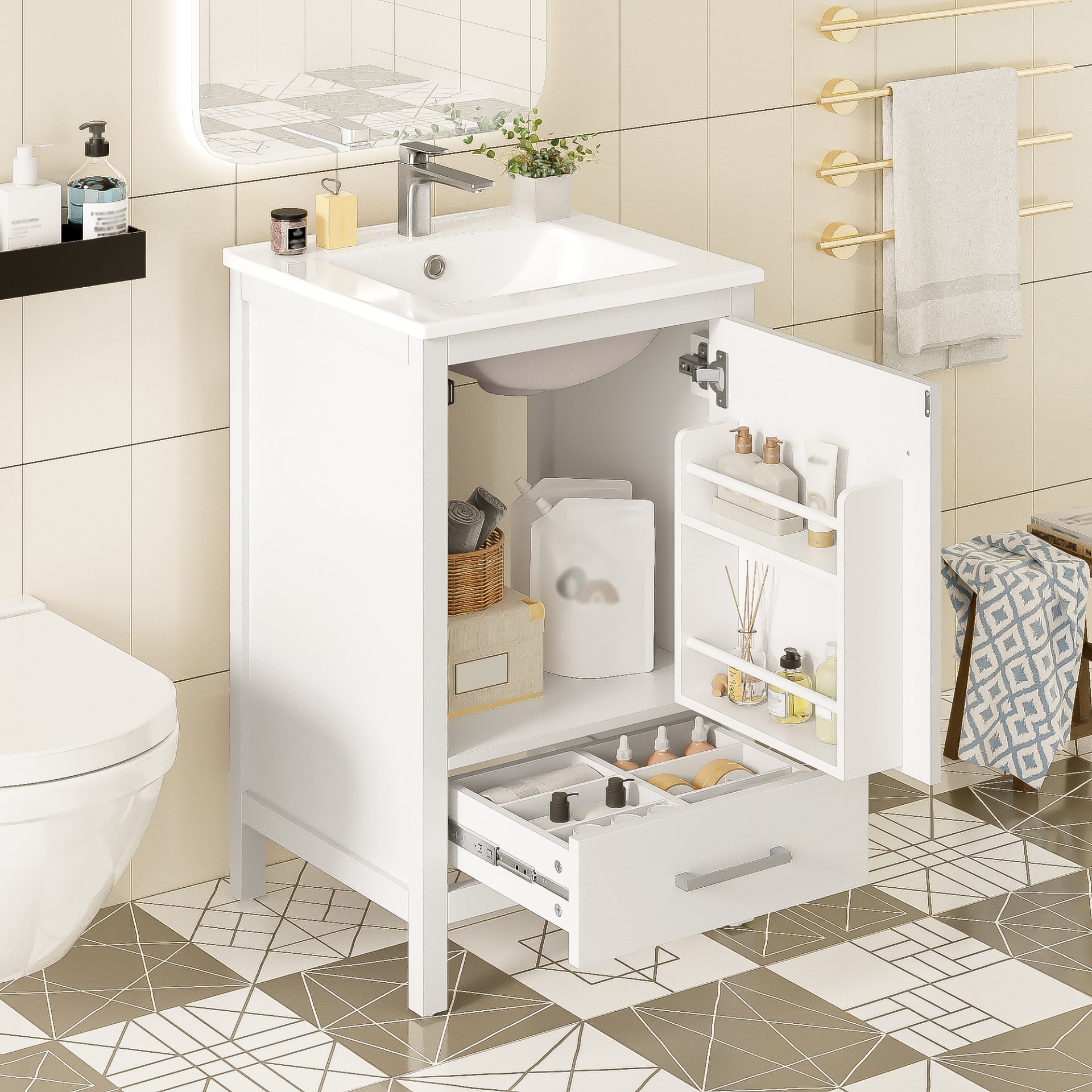 20" Bathroom Vanity With Sink, Soft Close Drawers, Door Organizer, Divider Drawer, Adjustable Foot Pads - White - Image 2