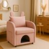 Bunny Ear Pet Friendly Armchair With Hidden Pet House With Storage Pocket For Bedroom & Living Room - Pink - Image 4