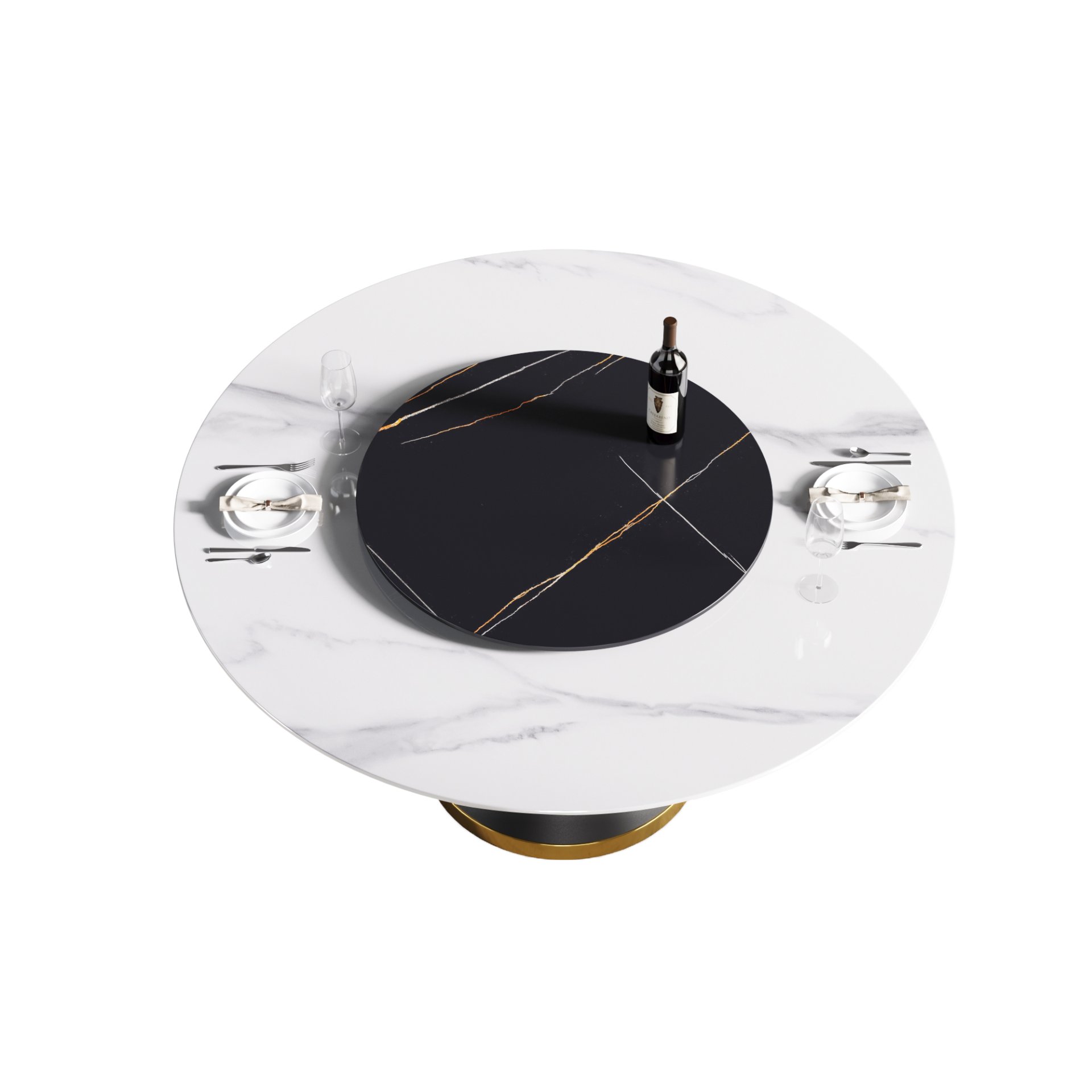 59.05" Modern Artificial Stone Round Carbon Steel Base Dining Table, Black Artificial Stone Turntable - White / Black - Image 5