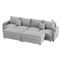 Modern Style 4 - Seater Sofa Sectional Sofa Couch With Storage Space, Two Movable Ottomans, Two USB Ports, Two Cup Holders, A Phone Holder For Living Room - Gray