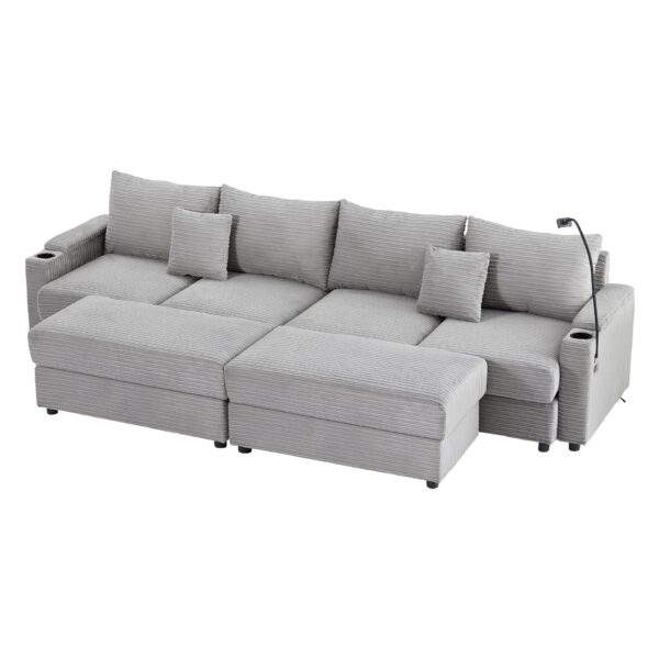Modern Style 4 - Seater Sofa Sectional Sofa Couch With Storage Space, Two Movable Ottomans, Two USB Ports, Two Cup Holders, A Phone Holder For Living Room - Gray