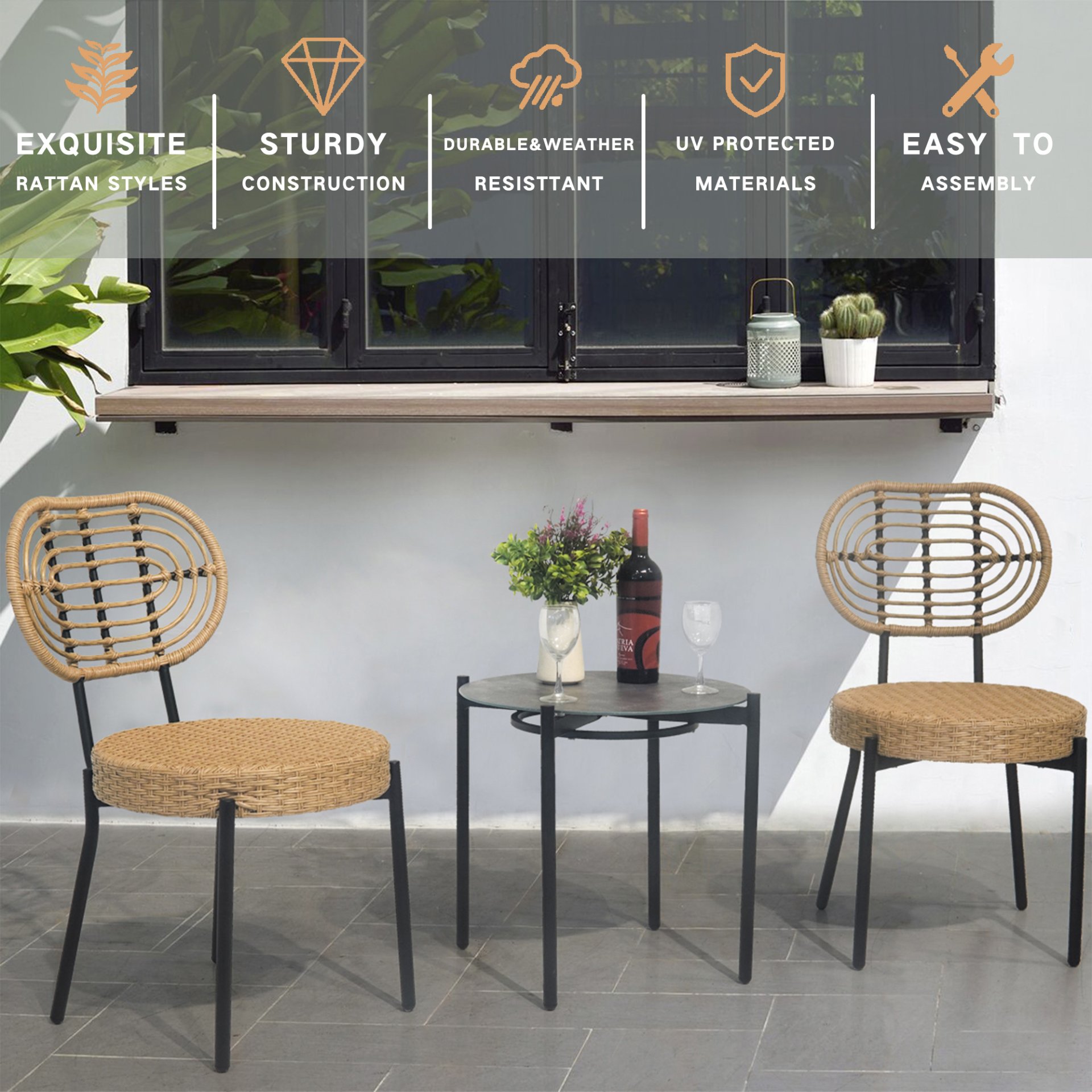 3 Pieces Of Luxury Outdoor Wicker Furniture Patio Bistro Style Table And Chair Combination, Weather Resistant PE Wicker Weave, Suitable For Garden - Black / Natural - Image 2