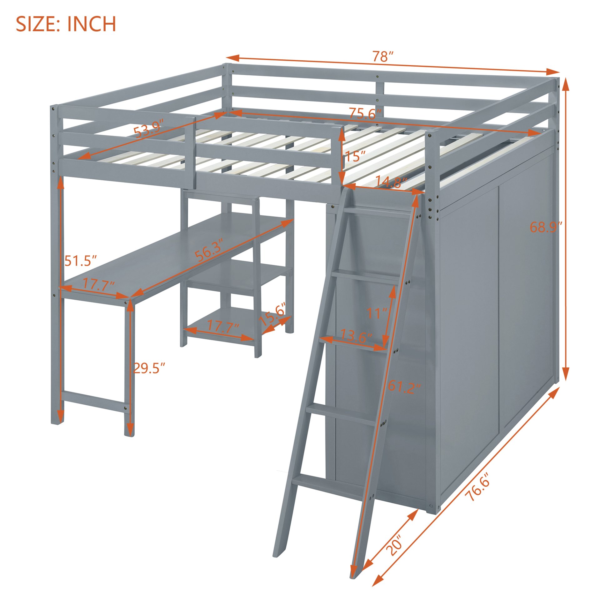 Full Size Loft Bed With Wardrobe And Desk And Shelves - Gray - Image 7
