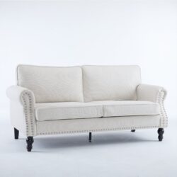 Rolled Arm Sofa With Nailhead Trim 2 Seater Upholstered Couch With Wooden Legs For Living Room Or Bedroom Deep Seat Design - Beige