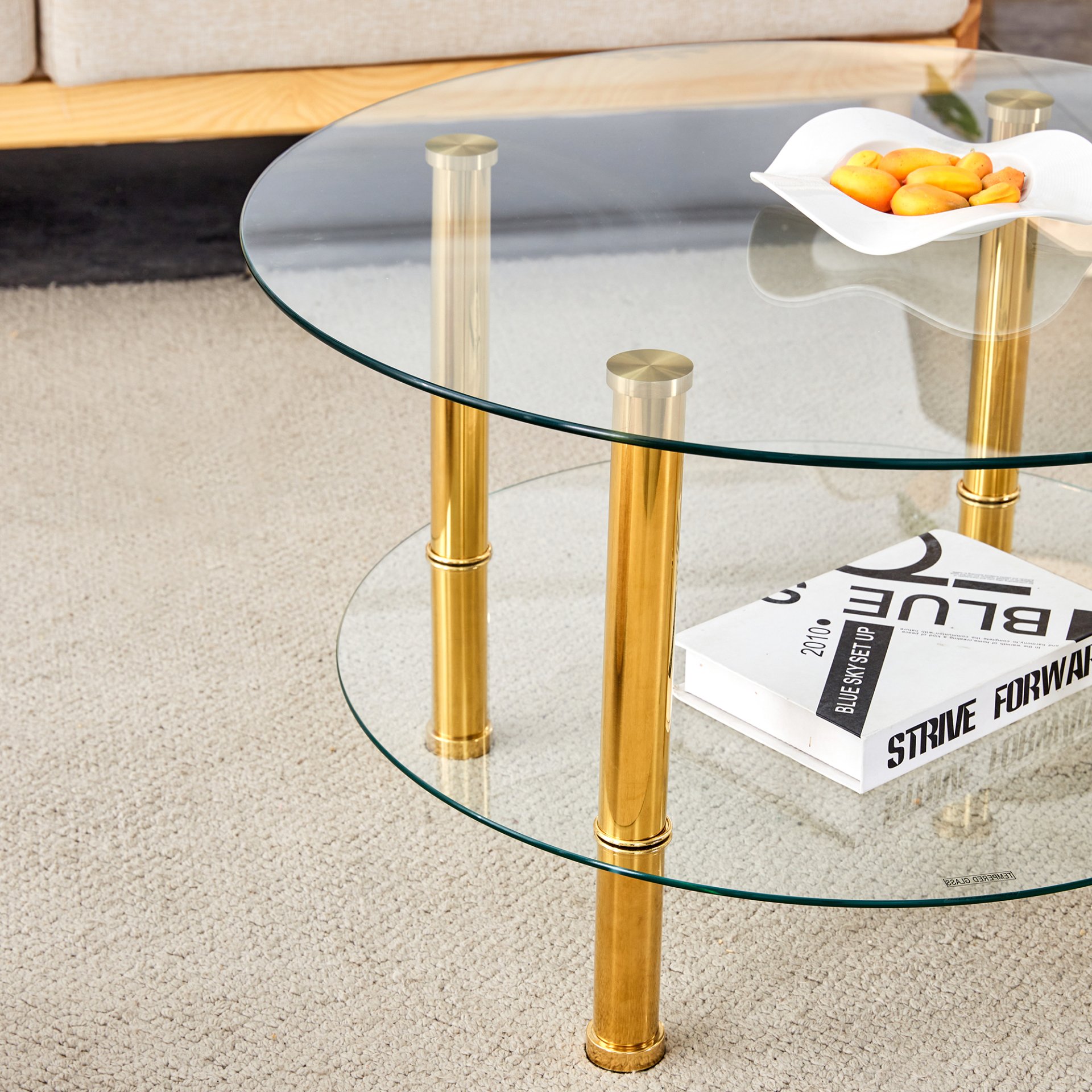 Contemporary Minimalist Double Layer Tempered Glass Coffee Table - Gold / Transparent - Image 10
