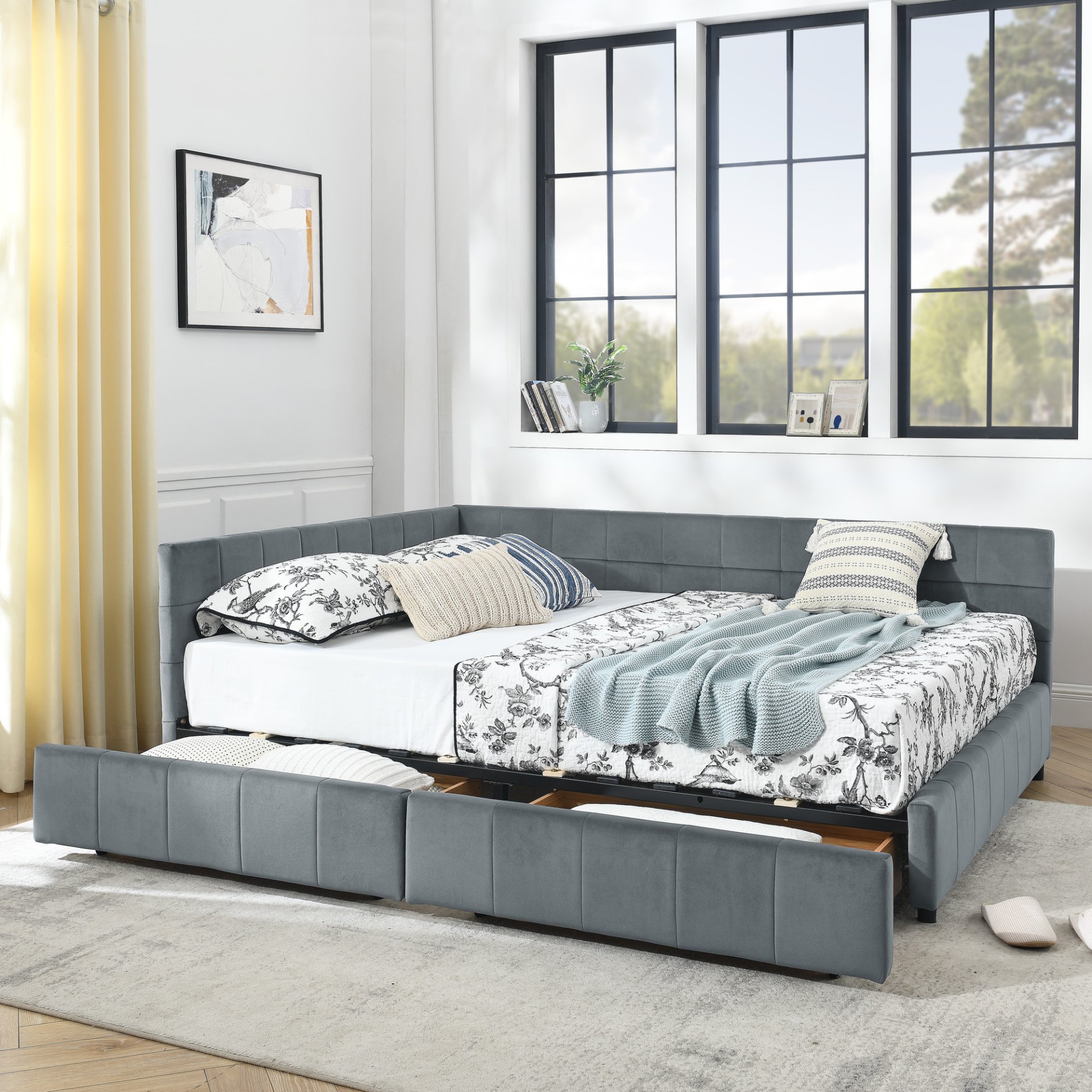 Mid Century Velvet Queen Size Upholstered Tufted Bed Frame With Storage - Gray - Image 6